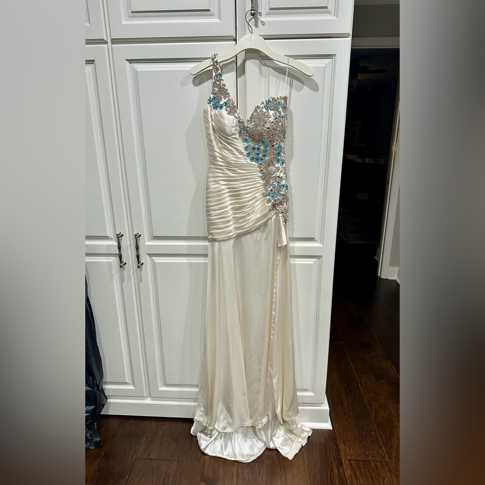 Sherri Hill Elegant White Pageant Gown w/ Large Blue & Clear Rhinestones - Picture 5 of 17